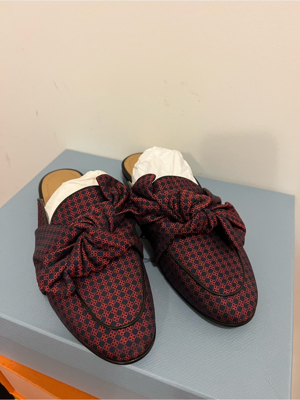 Sandro Red & Black Knot-Front Slip-On Mules